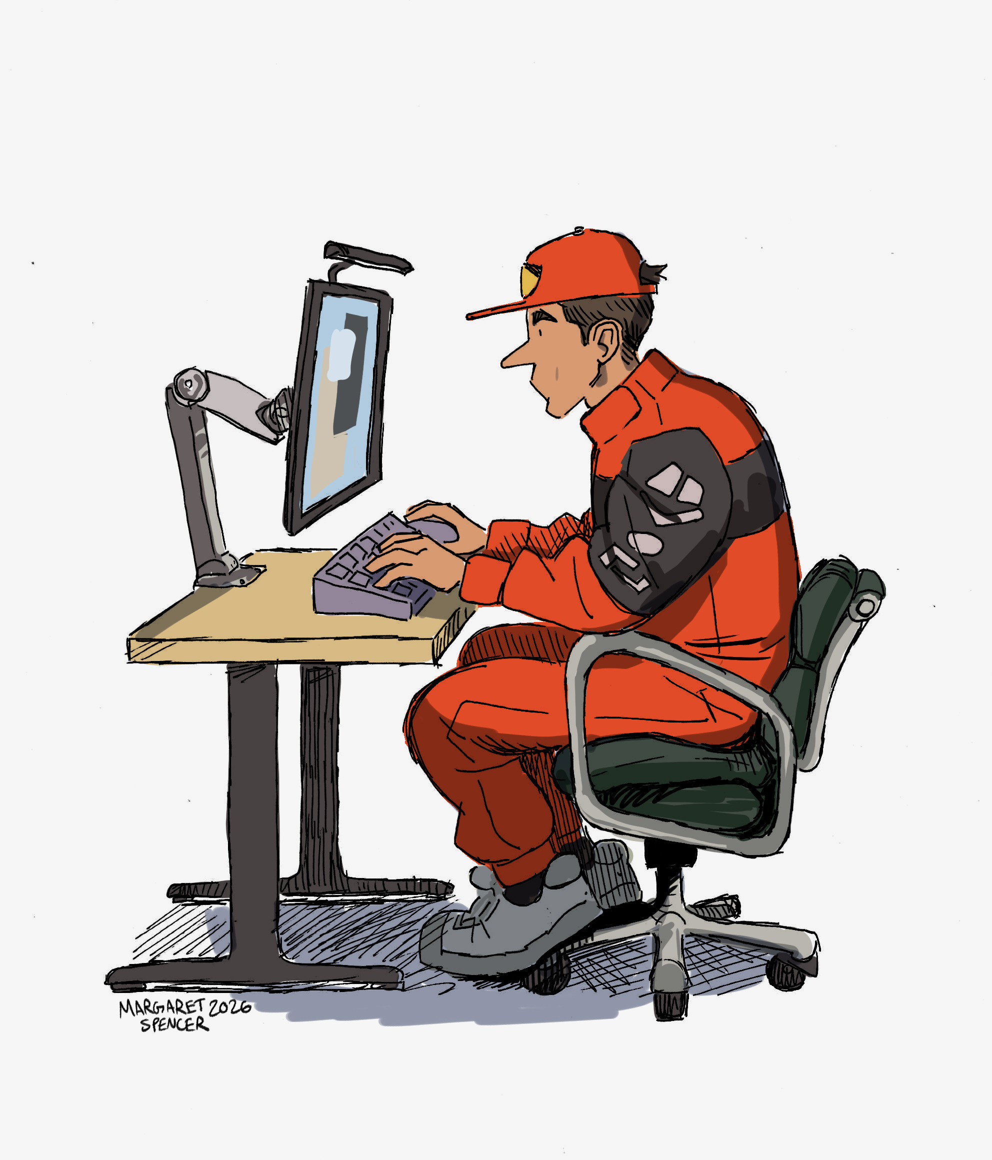 Illustration of James Bartolozzi at a desk